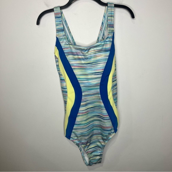 Lands’ End multicolor one piece swimsuit size 10L blue yellow space dyed - Picture 2 of 7